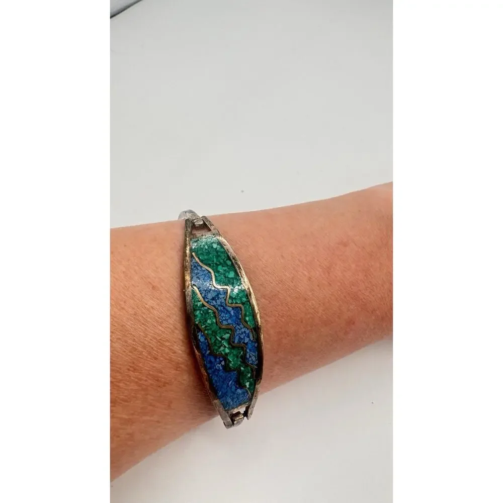 Vintage Alpacha Size 7Chipped Turquoise Mexico Sterling Silver Woman's Bracelet